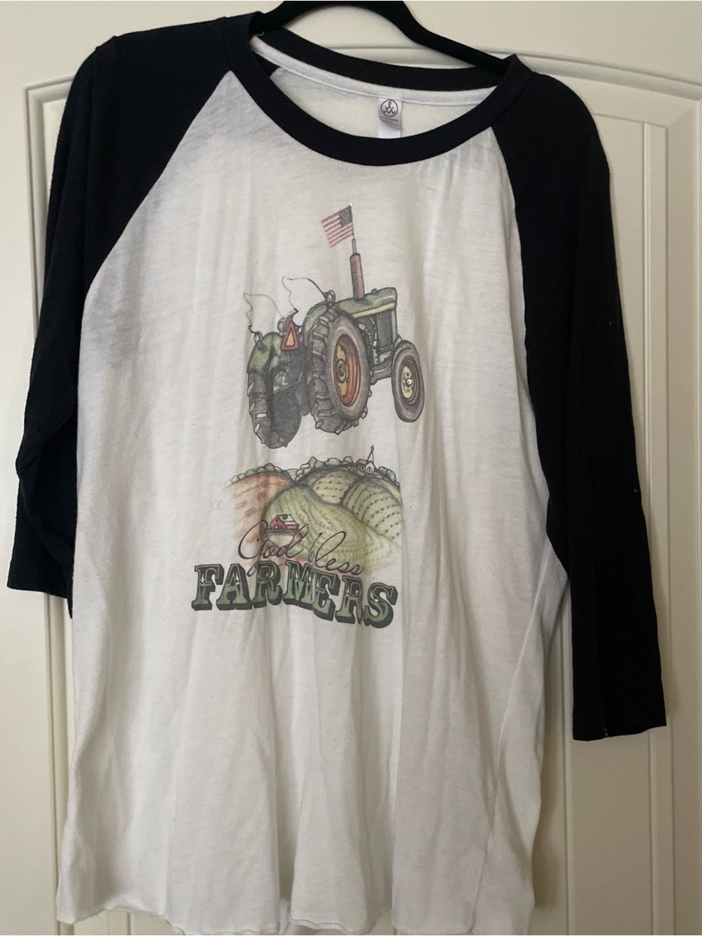 Black & White Wonens Raglan Tee with Tractor Farm Graphic